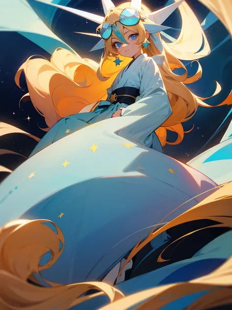 Long, curly blonde hair, light blue eyes, light blue hakama, star-shaped face paint, sunglasses on head