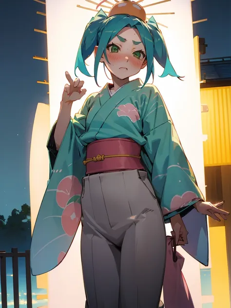 undressing、showing off your pants、random pause、、summer festival、night sky、nsfw、yukata、turquoise hair、short twin tails、green eyes...