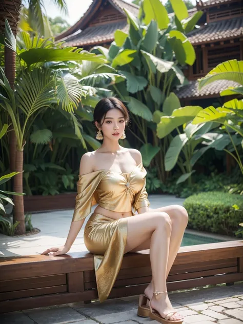 Stunning Beauty Voluptuous Javanese Wife, Photorealistic portrait, very huge chest, wearing thin soft silk batik short with slits, and wooden sandals, off shoulder, black short hair, brown skin, luxurious Javanese mansion in background, beautiful neck, bea...