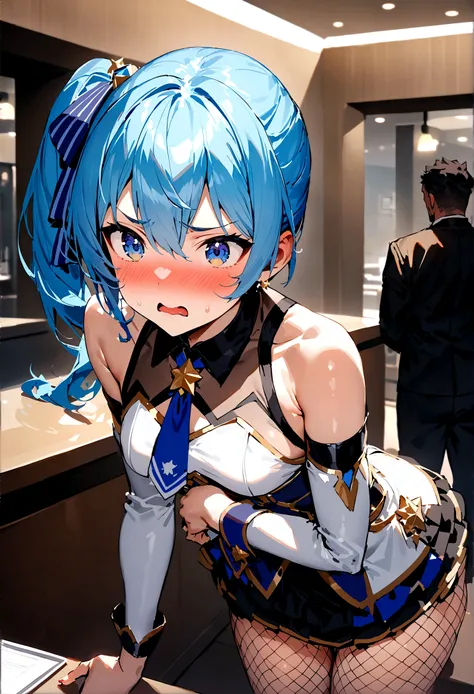 NSFW,masterpiece,Highest quality,High resolution,Super detailed,Star Town Suisei(Hololive),Blue Hair,One Side Ponytail,Blue Eyes,Small breasts,White leotard,High leg,Removable sleeves,Micro Mini Skirt,Fishnet tights,Adventurer&#39;s Guild,Reception counter...