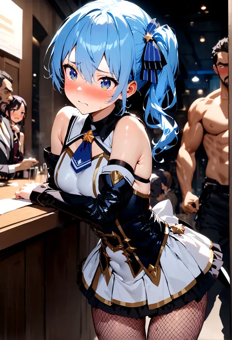 NSFW,masterpiece,Highest quality,High resolution,Super detailed,Star Town Suisei(Hololive),Blue Hair,One Side Ponytail,Blue Eyes,Small breasts,White leotard,High leg,Removable sleeves,Micro Mini Skirt,Fishnet tights,Adventurer&#39;s Guild,Reception counter...