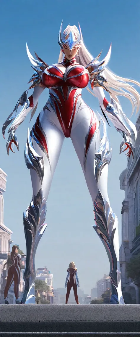 concept art (Digital Artwork:1.3) of (Simple illustration:1.3) a demon woman in a silver and white costume standing in a city, legs spread wide open, busty, curvy hips, thicc, from lineage 2, wearing witchblade armor, lineage 2 revolution style, unreal eng...