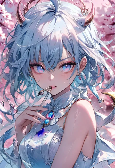 Qt/partagez votre beauté cheveu rosée aux yeux bleus.Anime, démon féminin dans un décor fantastique, mangeant une glace