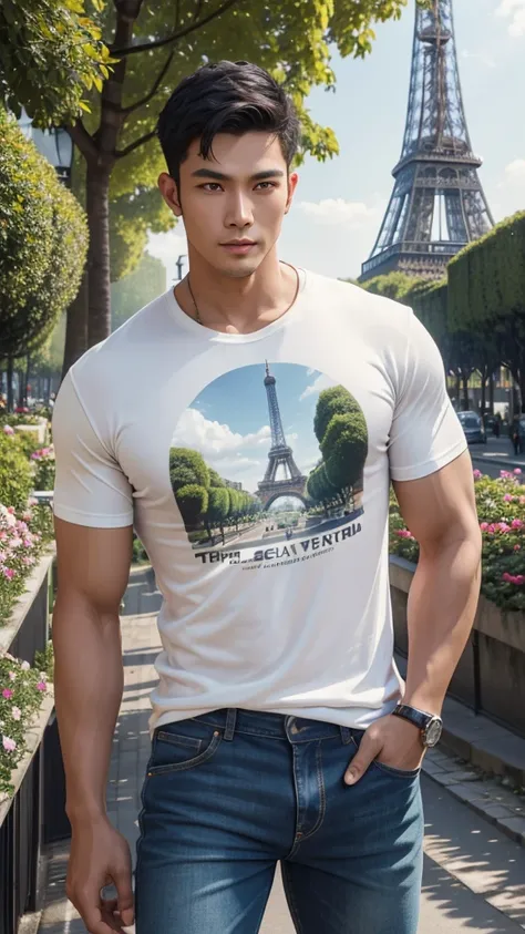 4D realistic image of the dynamic pose of a handsome Indonesian man, svelte body, oval face shape with a vintage Eiffel Tower background, wearing a casual t-shirt and jeans, Paris streets with flower gardens and green trees, detail, soft lighting, romantic...