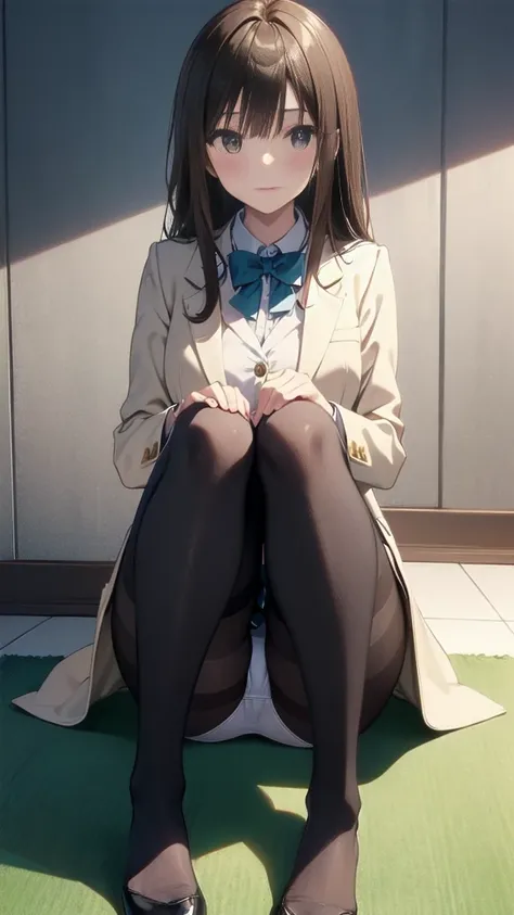 Top quality, masterpiece, High resolution, (Head to toe full body), front, frontやや下からの構図, Symmetric, Tall 18 year old girl, alone, (Head to toe), (Small breasts), Unkempt brown hair, bangs, (black tights), (Black Pantyhose), (Sit with your legs apart), (Cr...