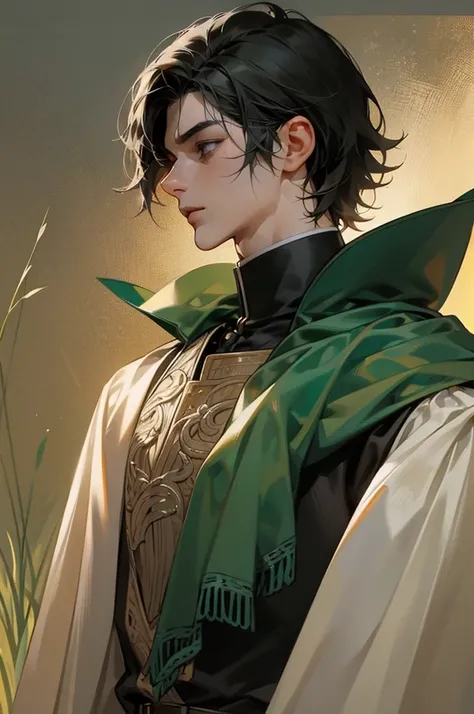 handsome young prince, short black hair with black strands, Dark green eyes, black officers uniform, in a small field, detailed face, detailed eyes, detailed lips. medieval times