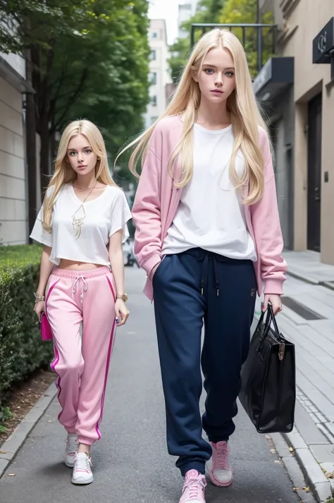 Young blonde, long blond hair, dark blue eyes, with pink blouse and sweatpants, white gucci sneakers, taking a walk,