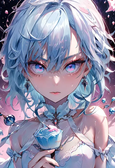 Qt/partagez votre beauté cheveu rosée aux yeux bleus.Anime, démon féminin dans un décor fantastique, mange une glace