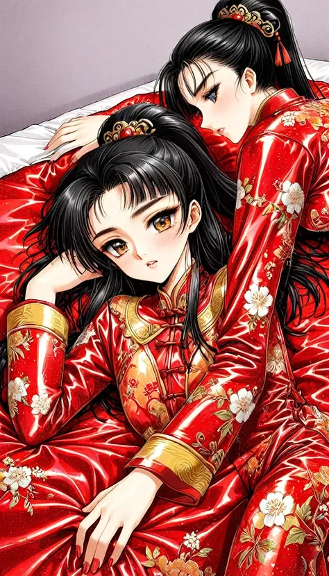 beautiful 15 year old chinese kung fu girl princess with short black hair　gorgeous embroidery, ultra glossy, she is wearing shin...