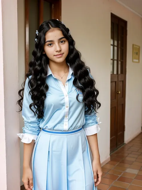 Full body image of a very gorgeus and pretty Argentinian woman. ONE ONLY WOMAN. She dress a college uniform. She has fifteen years old. She has a thin body. She has a beautiful face. She has beautiful face. She has black hair with curls at the ends. She lo...