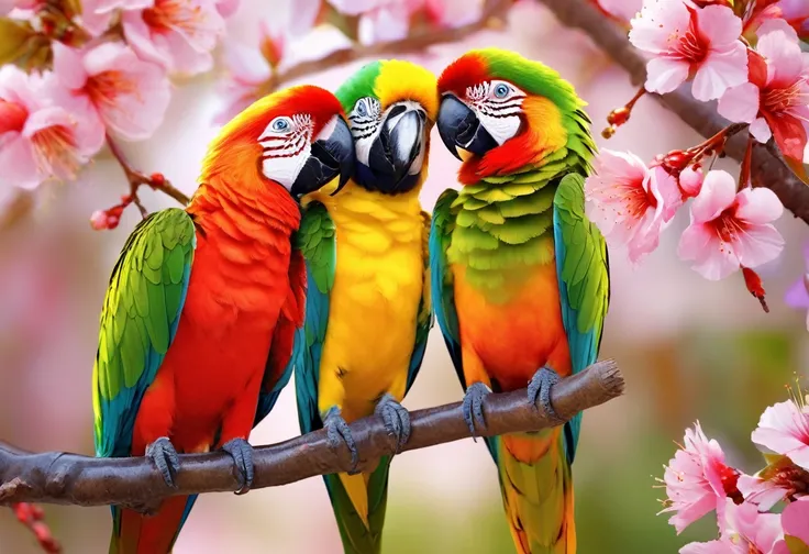 there are two birds sitting on a branch of a tree, Multicolored birds, birds on cherry tree, Beautiful Nature, Parrot, Colorful HD images, so beautiful photo, Very beautiful, Tropical birds, beautiful photo, High-resolution wallpapers, Lovely couple, kiss,...