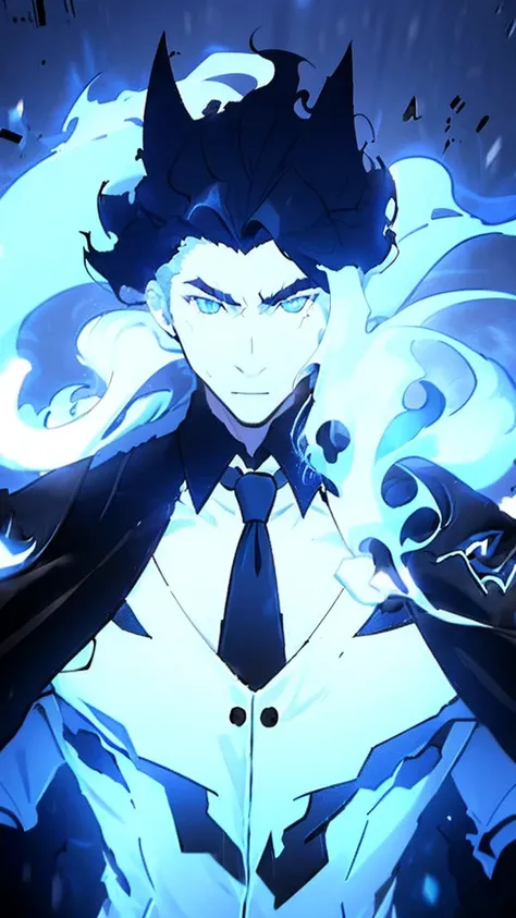 black wolf, with blue energy, white doctors coat, white dress shirt, black tie, in the parking lot
