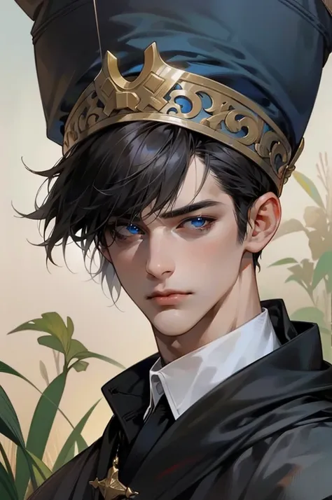 handsome young man, short black hair with black strands, blue eyes, black officers uniform, in a small field, detailed face, detailed eyes, detailed lips. medieval times, Serious eyes