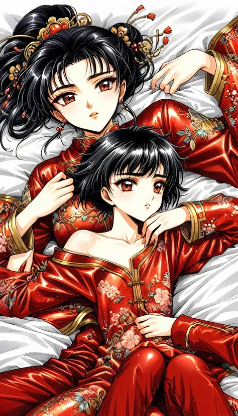 Beautiful 15 year old Chinese Kung Fu girl princess with short black hair　Gorgeous embroidery, Ultra glossy, She is wearing shiny red long sleeve floral pajamas....　She is made to lie down on a red enamel futon, her red pants are forcibly removed, and her ...