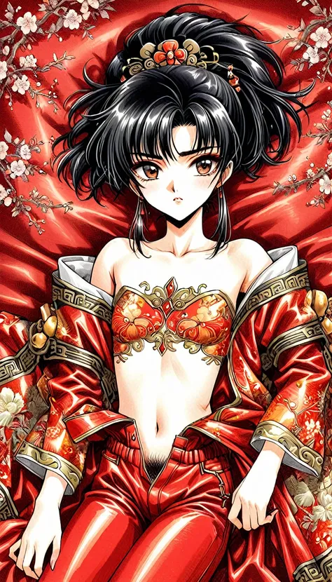 Beautiful 15 year old Chinese Kung Fu girl princess with short black hair　Gorgeous embroidery, Ultra glossy, She is wearing shiny red long sleeve floral pajamas....　She is made to lie down on a red enamel futon, her red pants are forcibly removed, and her ...