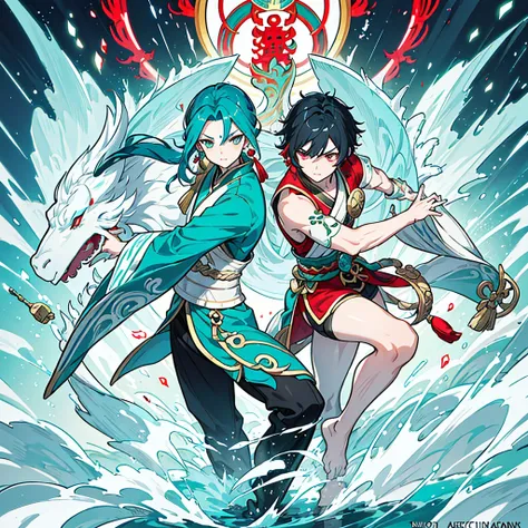 a hybrid teenage chinese dragon boy, medium and slender body, turquoise scales, thin arms, short and messy dark turquoise hair, a horn on the forehead, small and pointed ears with traditional red earrings, iridescent pale eyes, wearing white and turquoise ...