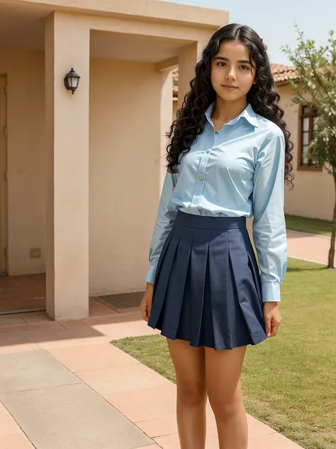 Full body image of a very gorgeus and pretty Argentinian woman. ONE ONLY WOMAN. She dress a college uniform. She has fifteen years old. She has a thin body. She has a beautiful face. She has beautiful face. She has black hair with curls at the ends. She lo...