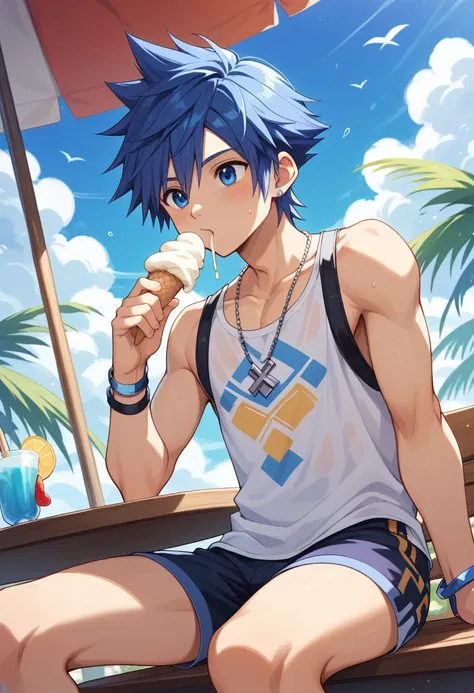 Kingdom hearts、((sky))、One young boy、cute、Spiky hair、Active、Tropical、beach、（Sitting and eating blue ice cream）high resolution