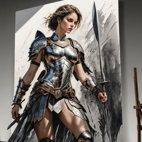 smooth lines, Express expressions and postures through ink contrast, The background is simple. emphasize light, shadow and space. ((full body):1.3), Drawing of Mature beauty. ((Detailed eye):1.3),((fresh)), wearing gladiator armor, painting, (best quality,...