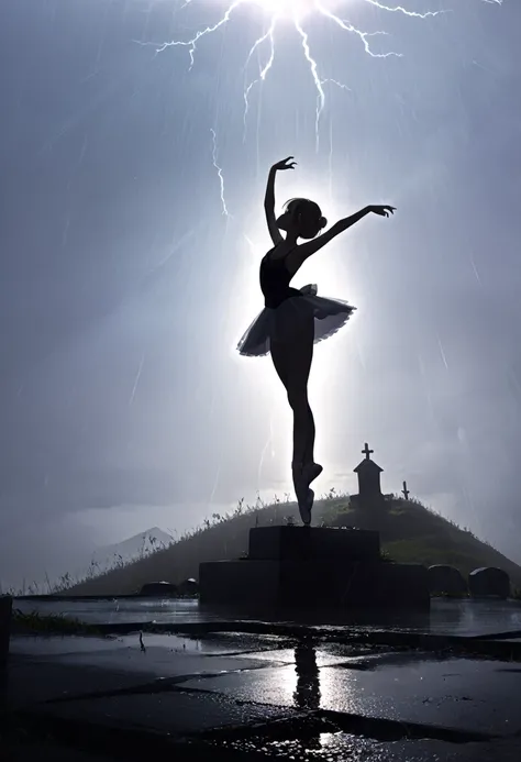 (masterpiece, best quality, super detailed), silhouette, Solo, A lady in tutu is dancing ballet on the hill, There is a small grave of her father on the hill, in the rain, Full body, Ballerina silhouette, ballet pose, Arabesque, heavy rain, rain drop, The ...