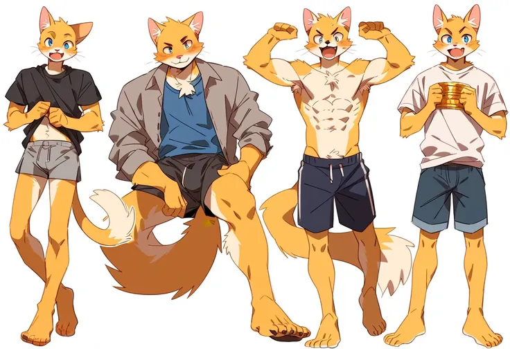 score_9, score_8_up, score_7_up, male, furry, full body, high quality, hires, anthro, teenager, 16 years old, domestic cat, yellow fur, blue eyes, handsome, excited expression, humanoid feet, shirtless, slim body, slender body, prominent v-line, prominent ...