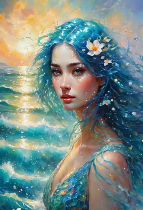 ultra highly detailed, action painting, spring, falling  petals  ,32k,  , oil painting, watercolor, close up fantasy well-dressed ethereal  spirit  , innocent looking young woman, luminous skin, skin scales, blue hair, , unusual appearance, delicate face  ...