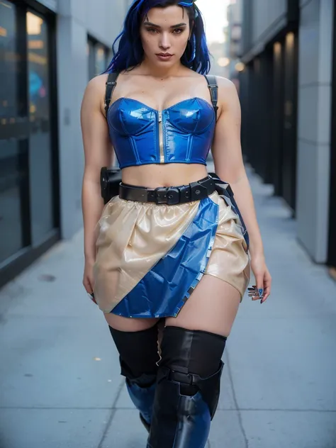 araffe wearing a blue corset and a skirt and boots, fallout style, cyberpunk style outfit, glamorous jill valentine, dystopian scifi outfit, cyberpunk outfit, costume with blue accents, as a retro futuristic heroine, wearing honey - themed miniskirt, weari...