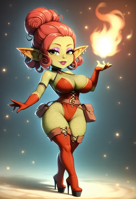 Girl, goblin girl, goblin, green skin, short, short stature,short hair, red hair, curly hair, large breasts, long gloves, thigh boots, pouty lips, masterpiece, best quality, sexy, dynamic pose, 8k, shortstack, sfw, shiny, fantasy, dungeons and dragons, hig...