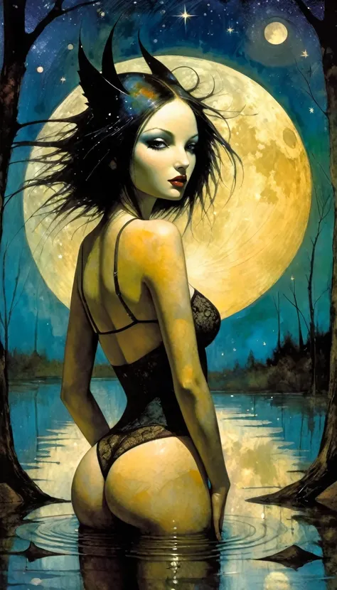 sexy girl in a lake, lingerie, perfect ass, magic, forest, fantastic, night sky, moon, stars, background, (simple oil painting in a style to Bill Sienkiewicz)  (best quality,4k,8k,highres,masterpiece:1.2),ultra-detailed,(realistic,photorealistic,photo-real...