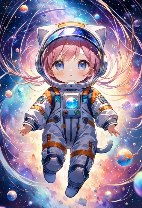 ((Masterpiece)), ((Best Quality)), (Very Detailed), ((Very Detailed)), 4K, (8K), very aesthetic, absurdres highres, Cat clad in a miniature space suit floating amidst the cosmic backdrop of a nebula, whiskers gently splayed by zero gravity, eyes wide with ...