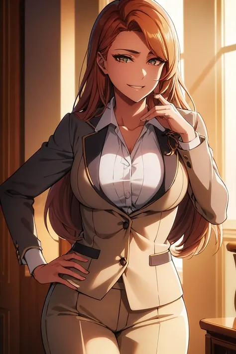 A high resolution, ultra detailed, HDR, masterpiece, very detailed face and eyes, confident expression with a grin, young woman, business trousers, and blouse, 18 years, Squint, creative hairstyle, beautiful makeup with arrows, blue-yellow eyes, rose gold ...