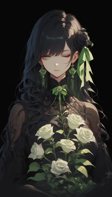 ((Tabletop, Highest quality)),Best aesthetics,One Girl, alone, Long Hair, Black Dress, flower, ribbon, Black background, Black Hair, Rose, ヘアribbon, Green Eyes, Long sleeve, White Rose, Mouth closed, 黒いribbon, Upper Body, Cinema Lighting