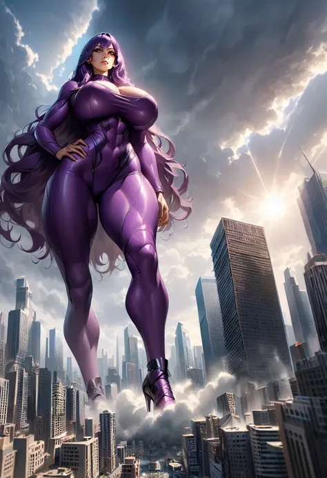 Towering Giantess, Tight purple skinsuit, purple very high heels, toned and athletic, massive strength, really big breasts, gold eyes, deep purple long hair, superior expression, standing in the middle of GTS city as she looms over the cityscape, smoke and...