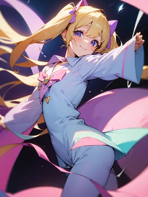 Blonde twin tails, purple droopy eyes, light blue pajamas, pink crescent moon, Telescope Smile