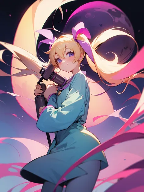 Blonde twin tails, purple droopy eyes, light blue pajamas, pink crescent moon, Telescope Smile