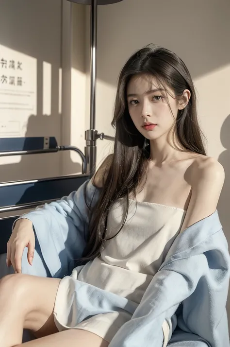 (((best quality))), (((ultra detailed))), (((masterpiece))), illustration,((a fragile and beautiful young girl,solo)),((slim,thin)),((small breasts,flat chest)),((sitting on a hospital bed)),(in a striped blue and white patients shirt:1.2), ethereal appear...