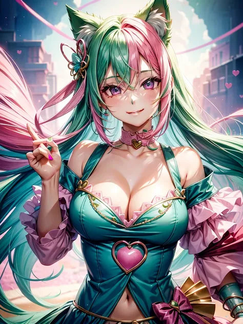 (( Pink green hair color)), pink eyes, woman, teal blue gold clothes,happy face, sexy outfit, cat ears, hearts, floating hearts, face only,  long hair, smiling, hair ornament, up close face,  sexy clothes, sexy women , closed mouth smile, up close face, ha...