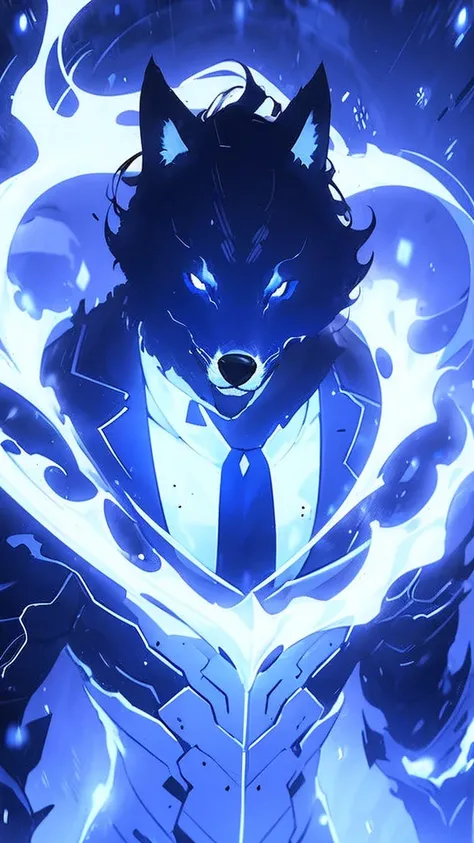 black wolf, with blue energy, white doctors coat, white dress shirt, black tie, in parking lot, night
