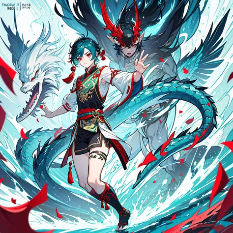 a hybrid teenage chinese dragon boy, medium and slender body, turquoise scales, thin arms, short and messy dark turquoise hair, a horns on the forehead, small and pointed ears with traditional red earrings, Rainbow-eyed iris, wearing white and turquoise tr...