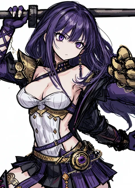 1girl, purple hair, spear, powerful warrior, nice clothes, (high resolution, high detail, best quality), medium breasts, serious, white background