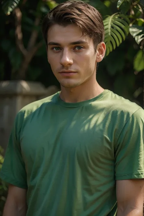 a 24 year old man with a green t-shirt, detailed portrait, beautiful eyes, detailed facial features, realistic skin texture, calm expression, natural lighting, photorealistic, 8k, ultra-detailed, highly detailed, sharp focus, cinematic, dramatic lighting, ...