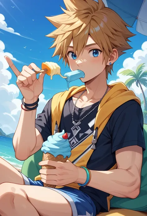 kingdom hearts、((sky))、one young boy、cute、spiky hair、active、tropical、beach、（sitting and eating a blue ice cream）high resolution