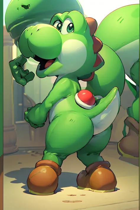 Green dinosaur, with boots, big nose, big eyes, long tail, character from Mario Bros, Nintendo, stands happy, looking at the viewer,
