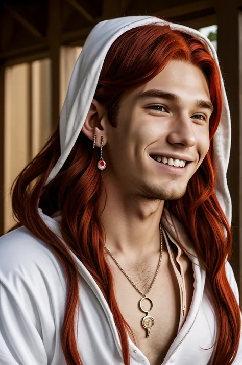 20 year old boy, anime type, with medium long red hair, with elf ears and brown eyes.
He wears a white hood, wears an earring in his ear.
He has a necklace of big red balls with a tender smile.