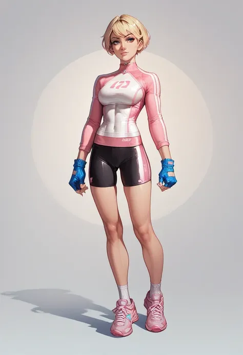 1girl, pink bike jersey, pink bike shorts, ((tight jersey)), ((tight long sleeves)), blonde hair, fingerless blue gloves, ((tight gloves)), full body, gloves, short hair, shoes, socks, standing, solo
