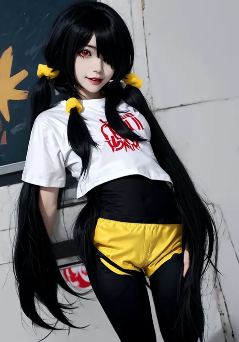 ultra-detailed,highly detailed,best quality,masterpiece,illustration,realistic, photo,photorealistic,
1girl, ((tokisaki kurumi)), cosplay, hair over one eye, (right red eye, left yellow eye), looking at viewer, happy girl, twintails, ((t-shirts)), (((black...