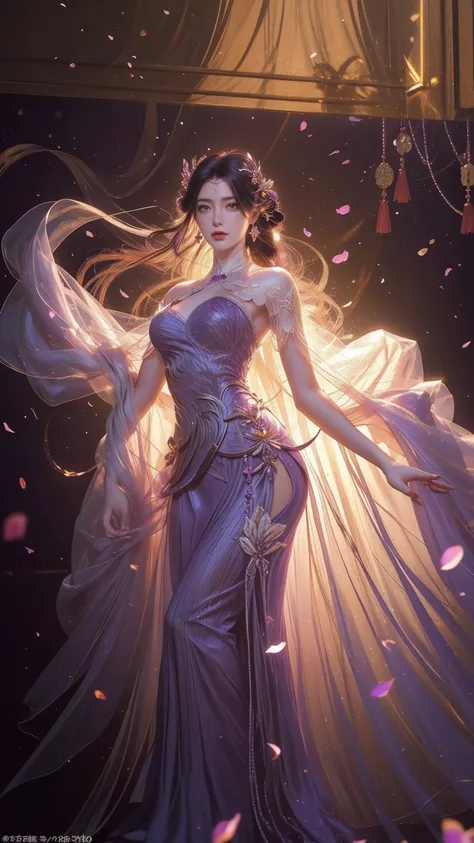 A beautiful woman with perfect curves wearing a long purple dress that gently flutters in the air,The beautiful woman was standing in a sea of beautiful flowers surrounding her, Chinese traditional, her flexible body increasing with every movement, So ench...