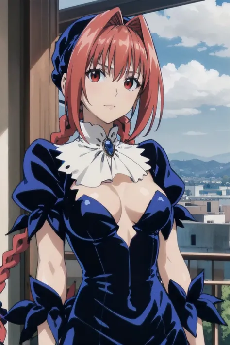 masterpiece, Highest quality,High resolution,Dorothy, Redhead,Red eyes, Have,dress,Braiding, black dress, View your viewers,