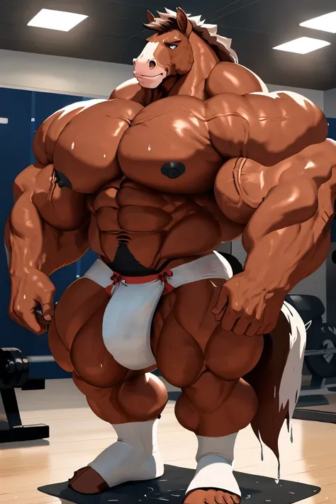 overly muscular horse, masculine face, perverted expression, flushed cheeks, prominent veins, huge butt, huge chest (huge: 2.5), muscular thighs, thin waist, wearing white panties with bows (wet), sexy pose in the gym.