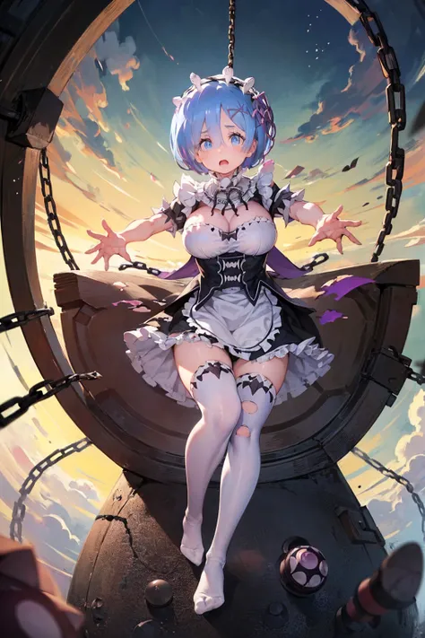 Looking up from below、Plump、(Show your pants)、(((((Fighting Pose)))))、Weapons Morningstar、((((Rem with her hands and feet bound in chains)))),(((((Fisheye Lens)))))、(((((Super huge breasts))))、((((Plump thighs))))、(((Rem from Re:Zero)))、((looking at the ca...